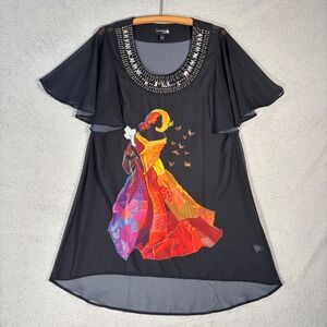 Antthony Original Tunic Top L Black‎ Beaded Embellished Chiffon Butterfly Print